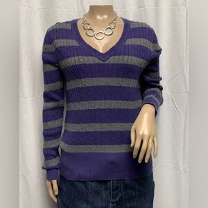 Tommy Hilfiger Dark Purple Grey Striped Pullover Vneck Sweater Size Medium